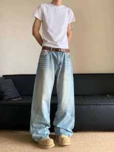 กางเกงยีนส์ทรงหลวมขาตรงสไตล์ย้อนยุคสไตล์อเมริกันสำหรับผู้ชายและผู้หญิง กางเกงขายาวทรงหลวมสไตล์ไฮสตรีทสำหรับคู่รัก
