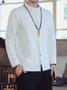 Handmade Long Sleeve Shirt Mens Collarless Button Decorated Slim Fit Fashion Urban Style Cotton Pure Color Retro Chinese Style