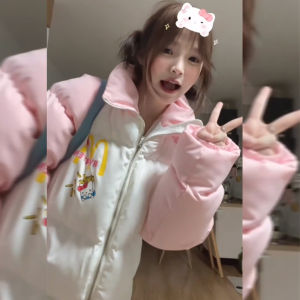2025 New Sweet Korean Cat Cotton Jacket Womens Patchwork Thickened Bread Style Loose Outerwear Elegant Personality Coat