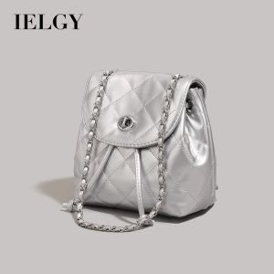 IELGY กระเป๋าสะพายหลังสีทึบโซ่กระเป๋าสะพายหวานแหววเข้ากับทุกชุดมีโซ่ของเด็กผู้หญิงกระเป๋าความจุขนาดใหญ่