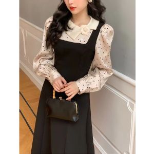 French Hepburn Style Slim Looking Polka Dot Dress Female Slightly Oversized Girls Retro Contrast Colors False-Two-Piece Retro Waist-Controlled Black Dress