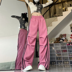 American Retro Bars Casual Sports Trousers Womens Autumn and Winter Cargo Pants Tactical Pants Plum Pink Pleated Wide Leg Mop Pants