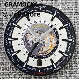 Mặt Đồng Hồ GRAMOCK 33.5mm Đa Năng Màu Đen Xanh Lá Cây Xanh Dương Với Chức Năng GMT Hiển Thị Ngày Ở Vị Trí 6 Giờ Kim Dạ Quang 4 Kim Máy NH34 4R34 Vỏ Thép Không Gỉ.