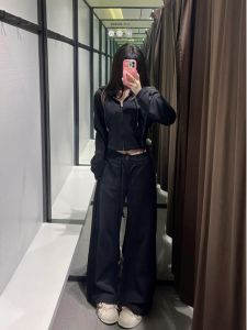 กางเกงขายาวทรงหลวมเอวสูงสีดำสไตล์อเมริกันสำหรับผู้หญิง กางเกงขายาวทรงตรงเอวยางยืดสำหรับฤดูใบไม้ร่วงและฤดูหนาว