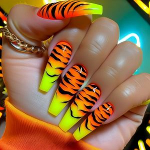 Short Medium long fake nails Leopard printing brown blue yellow golden fall winter Suqare ballet tips press on false nail art