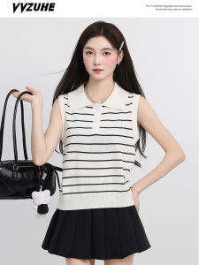 Áo Thun Polo Sọc Kiểu Pháp Bằng Lụa Băng Dệt Kim Không Tay Áo Vest Nữ Mùa Thu Mỏng Rộng Rãi Đa Năng Áo Lót Bên Trong