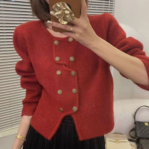 Christmas New Year Red Knitted Thickened Womens Sweater Autumn Winter Lazy Design Sense Base Shirt Inner Wear Commute Style