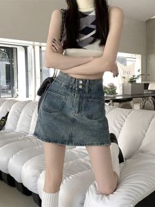 K-style Fashion Tape Denim Skirt Womens Spring and Summer Small High Waist Slimming Dress A- line Sheath Short Pantskirt
