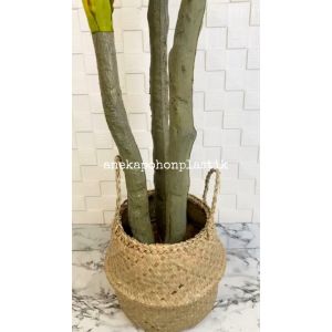 Pohon Daun Pandan Bali Tepi Kuning X3 T180 Latex Artificial Pot Dasar Hitam Cover Anyaman Purun Belly Handle Tanaman Hias Imitasi Dekorasi Ruangan