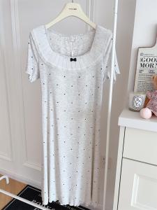 Modal Sleep Dress with Chest Pad Polka Dot Lace Comfortable Short Sleeve Home Clothes Loose Midi Skirt Can Be Worn outside