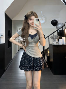 XUECAIQI | Summer New Gentle Korean Style Outfit Short Sleeve Top with Floral Spaghetti Strap Dress