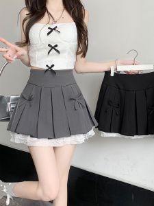 Summer High Waist A-Line Pleated Skirt Womens Mini Skirt with Butterfly Knot Lace Trim Sweet And Spicy Girl Bodycon Short Skirt Korean Style Commute