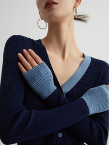 Color Block Fake Two-piece Elegant Knit Cardigan V-neck Slim Fit Casual Wear
