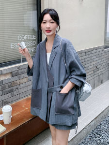 Quần Short Ống Rộng Kẻ Sọc Màu Xám Giả Hai Mảnh Thời Trang Thu Đông Cao Cấp Cho Nữ Quần Áo Công Sở Thường Ngày