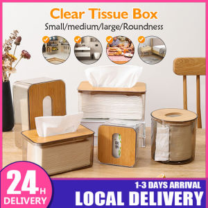 Bamboo Lid Acrylic Transparent Tissue Box Holder Rectangle Napkin Dispenser Round Tissue Holder Bekas Tisu 纸巾收纳盒