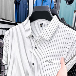 Paul Ice Silk Short Sleeve Mens Shirt Summer Trendy Stripes Breathable Business Casual Loose Fit Cool Urban Style Nylon Spandex