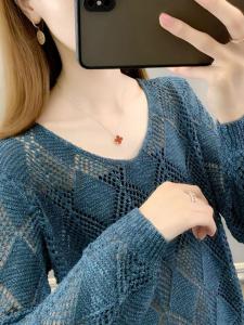 Spring Summer New Loose Womens Knitted Top V-Neck Long Sleeve Hollow out Thin Overhead Non-Health Ring Fashion Accessory
