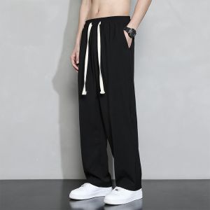 ROMON | Lormen Mens Ice Silk Casual Pants Summer Thin Straight Drapey Floor-Length Air Conditioning Wide Leg Sports Long Trousers