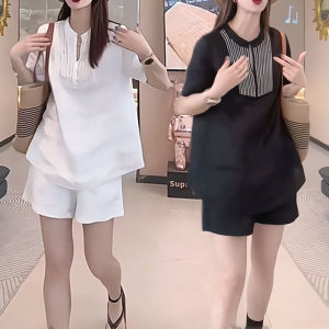 Fashionable High Waist Loose Womens Set Summer 2024 Glitter Top Short Pants Two-Piece Suit Design Sensation Slimming Effect