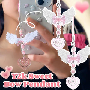 Sweet Angel Wings Bow Keychain Elegant Bowknot Love Bead Bag Pendant Car Keyring Pink Phone Chain Decor Perfect Gift