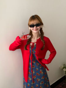 เสื้อคาร์ดิแกนถักคอตั้งทรงหลวมสไตล์เกาหลีสำหรับผู้หญิง แขนยาว ปกโปโล ลายปักลายดอกไม้ ปกโปโลแบบเปิด