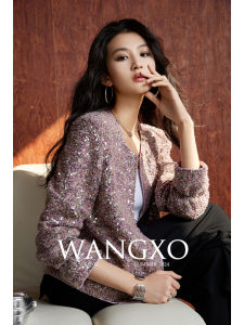 WANGXO | Áo khoác tay đan sequin tweed kiểu dáng hộp cổ điển phong cách tiểu thơ chất lượng cao
