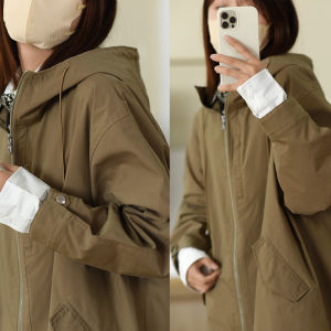 Fish Baby Loose Wide Commuter Style Coat Hooded Mid-Length Classic Outerwear Korean Version Bat Shape Cotton Polyester Blend