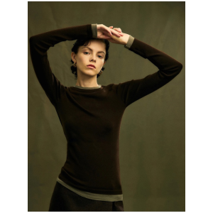 PEIXI | Slim Waist Faux Two-Piece Knit Sweater Round Neck Color-Block Patchwork Top