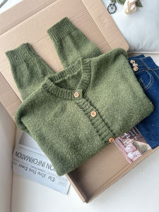 QINGNAER | Vintage Green Round Neck Anti-aging Stylish Sweater Jacket