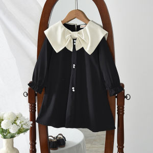 Spring Autumn New Girls Cute Bow Turn-down Collar Long Sleeve Casual Dress 1 Pc 3-7 Years Kids Fashion Casual Loose Clothes