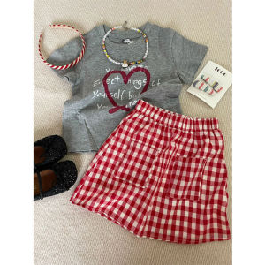 Girls Short Sleeve T-shirt Skirt Set Red Checkered Spring