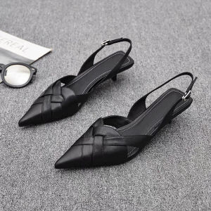 Leather Upcycled Sandals Womens Thin Heel 2025 Summer New 3cm Small Heel Pointed Toe Medium Heel Womens Shoes Open Toe
