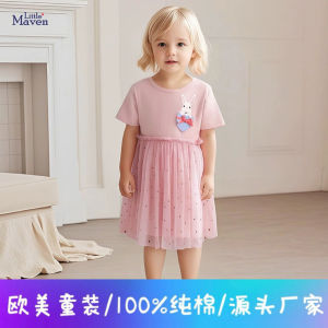 Cute Little Maven Girls Dress Embroidered Skirt Summer Childrens Dress Cotton Blend Short Sleeve Cartoon Pattern European Style