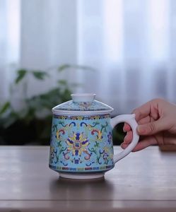 Enamel Filter Tea Cup (Tea Brewing Cup with Tea-Water Separation Ceramic Mug with Lid Office Cup White Porcelain Personal Water Cup)