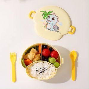ONE-C989 Lunch Box Set Tempat Makan 3 Sekat Anak Motif Dino 800ML BPA FREE Kotak Bekal dengan Sendok