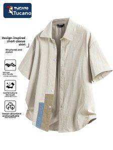 TUCANO Mens Casual Loose Fit Short Sleeve Shirt Design Sense Summer Thin Style Fashion Trend Color Block Collar up Shirt