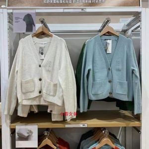 Womens V-Neck Open Cardigan Sweater Loose Long Sleeve Single Button Organic Cotton Knitwear Outerwear Commute Style Y461083