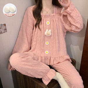 Áo Dài Tay Phong Cách Công Chúa Đồ Ngủ Bộ Nguyên Chất Cotton Vải Bông Mùa Xuân Mùa Thu Quần Áo Gia Đình Nữ Quần Lót Thoải Mái Có Miếng Đệm Ngực