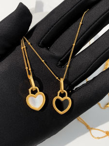 CAFFTI | Natural Mother of Pearl and Onyx Double-Sided Heart Pendant Gold Plated Collar Necklace