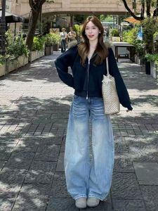 Quần Jeans Ống Rộng Thêu Phong Cách Mỹ Cỡ Lớn Cho Nữ Mùa Thu 2025 Quần Ống Thẳng Rộng Thoải Mái Thường Ngày Quần Jeans Denim