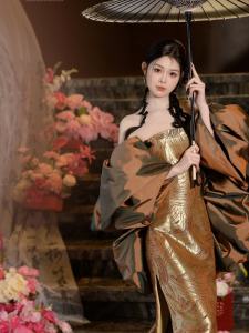 ชุดแต่งงานสไตล์จีนใหม่ ชุดเชิญแขก ชุดราตรีหรูหรา ชุดคอวีแขนกุด กระโปรงยาวคลุมเข่า เดรสผู้หญิง