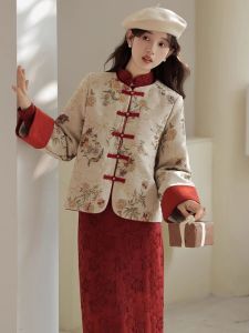 Elegant Red Long Cheongsam Dress with Cotton Lining And Embroidery Outerwear for Women Autumn Winter Sleeveless Qipao Gown