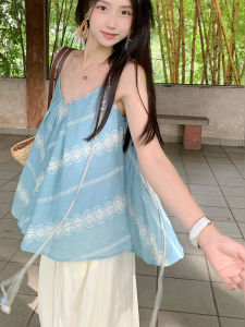 BINKAFENNY | Blue Lace Splice V-neck Strap Vest Women Summer Outdoor Loose Versatile Super Beautiful Top Beach Holiday Style Casual Wear