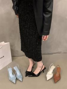 Christy Kathy French Style Black High Heels 2025 New Spring Summer Elegant Lady Sandals Low Cut PU Lined Glue Adhesive Shoes