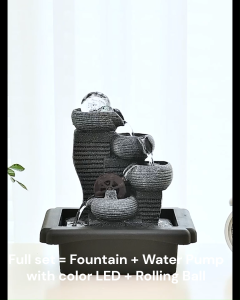 Modern Standing Water Fountain 4-Tier Feature w/ LED & Quiet Pump Rolling Ball Fengshui Displays