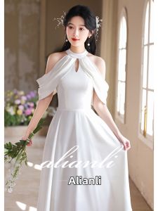 ALIANLI | Light Luxury High-End White Satin Off-Shoulder Qipao Dress
