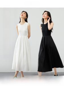 Elegant Black Vest Dress Womens Summer New Style Versatile Slimming Little Black Dress Midi Skirt Cotton Blend No Sleeve