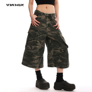 American Retro Camouflage Multi-Pocket Pleated Deconstructed Seven-Foot Pants Men Loose Straight Wide Leg Shorts Women