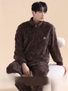 Miiow | Mens Sleepwear Thickened Flannel Coral Fleece Lined Pajamas Set Warm Home Clothes Long Sleeve Zipper Closure Solid Color Polyester Fiber