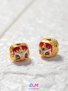 S925 Sterling Silver Ancient Gold Enamel Lucky Lion Bracelet Beads DIY Accessories Pure Silver Traditional Chinese Culture